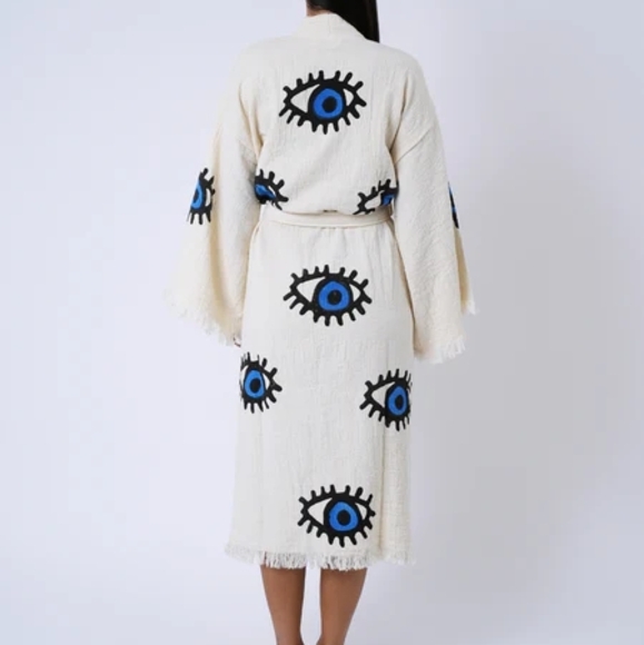 Cotton Turkish Robe - White/Blue - Handmade Evil Eye Pattern - Lightweight - Picture 2 of 3